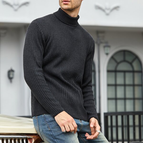 

Men Turtle Neck Ribbed Knit Sweater, Dark grey