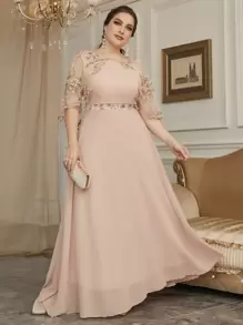 Modelyn Plus Floral Embroidery Mesh Overlay Prom Dress Maxi Women Outfit - Coral Pink - View 1