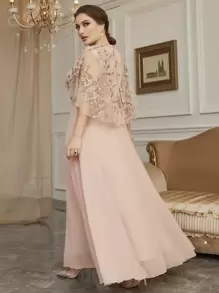 Modelyn Plus Floral Embroidery Mesh Overlay Prom Dress Maxi Women Outfit - Coral Pink - View 2