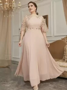 Modelyn Plus Floral Embroidery Mesh Overlay Prom Dress Maxi Women Outfit - Coral Pink - View 3