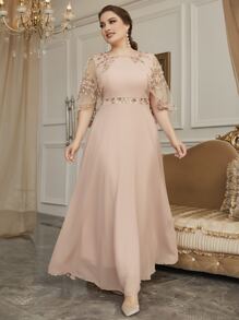 Modelyn Plus Floral Embroidery Mesh Overlay Prom Dress Maxi Women Outfit - Coral Pink - View 5