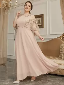 Modelyn Plus Floral Embroidery Mesh Overlay Prom Dress Maxi Women Outfit - Coral Pink - View 6