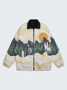 男士拉鏈開襟山圖案兩面可穿泰迪夾克 - 彩色 - 查看 3