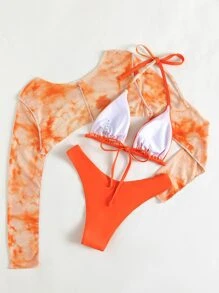 3packs Tie Dye Micro Triangle Bikini Set & Cover Up Top, For Summer Beach Vacation - Orange - View 2