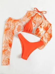 3packs Tie Dye Micro Triangle Bikini Set & Cover Up Top, For Summer Beach Vacation - Orange - View 4