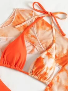 3packs Tie Dye Micro Triangle Bikini Set & Cover Up Top, For Summer Beach Vacation - Orange - View 6