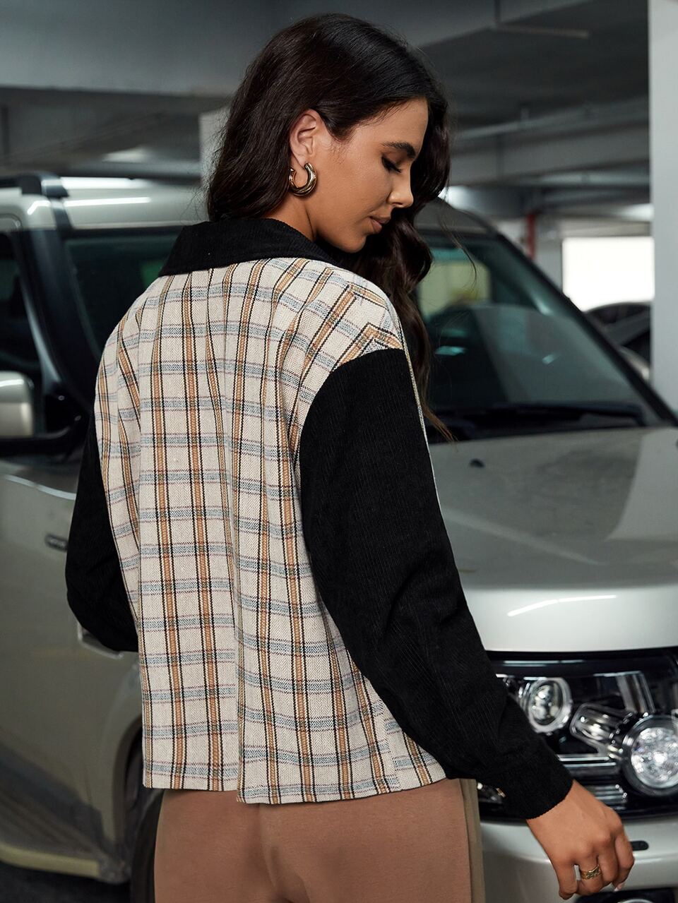 Plaid Panel Drop Shoulder Corduroy Coat