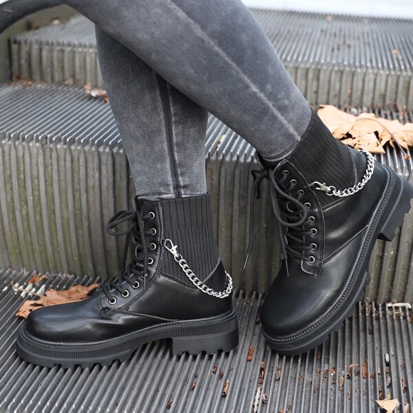

Chain Decor Lace-up Combat Boots, Black