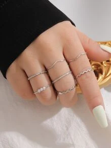 7入組假珍珠細節戒指 - 銀色 - 查看 1