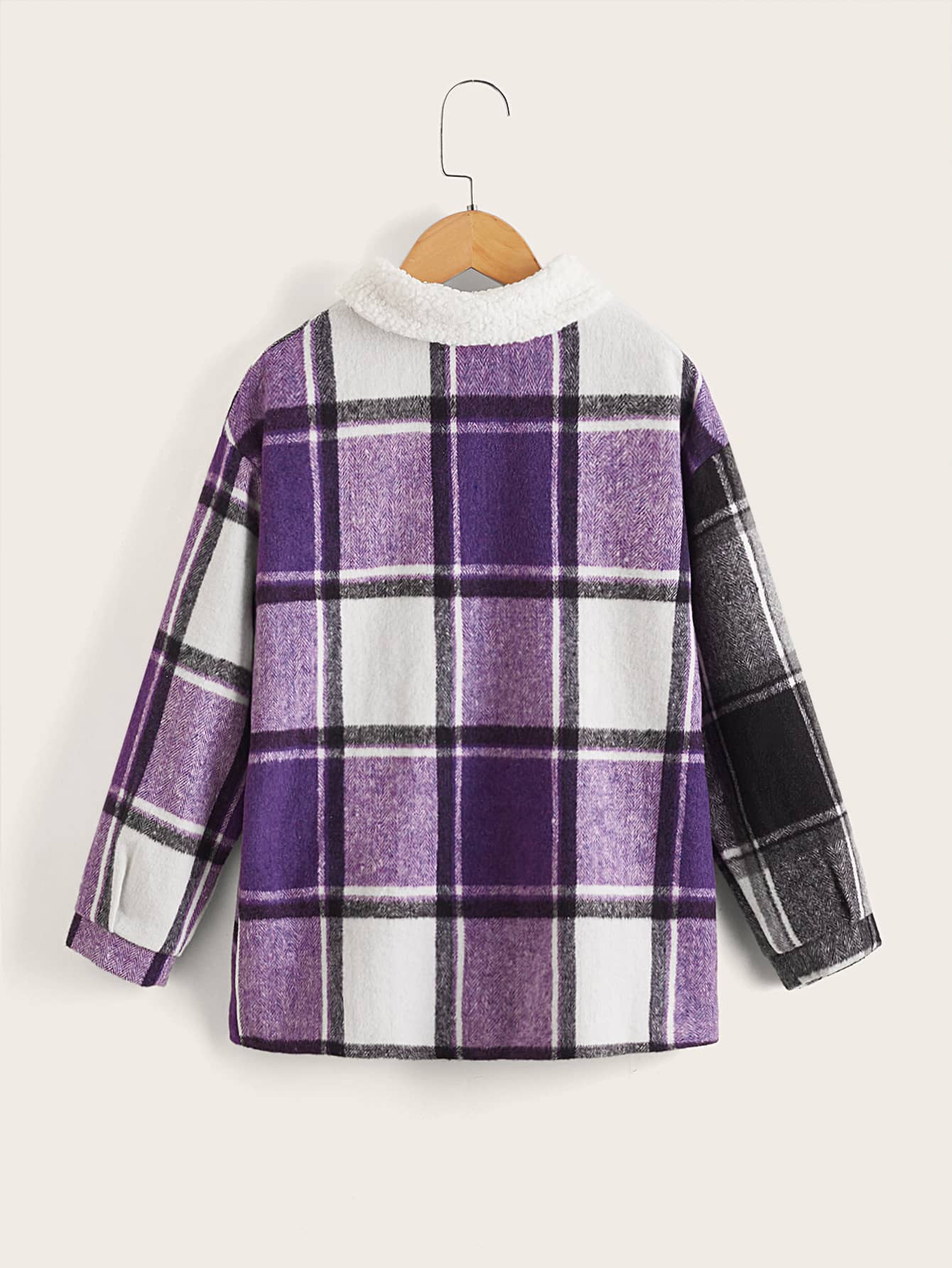 Girls Plaid Flap Pocket Borg Collar Overcoat