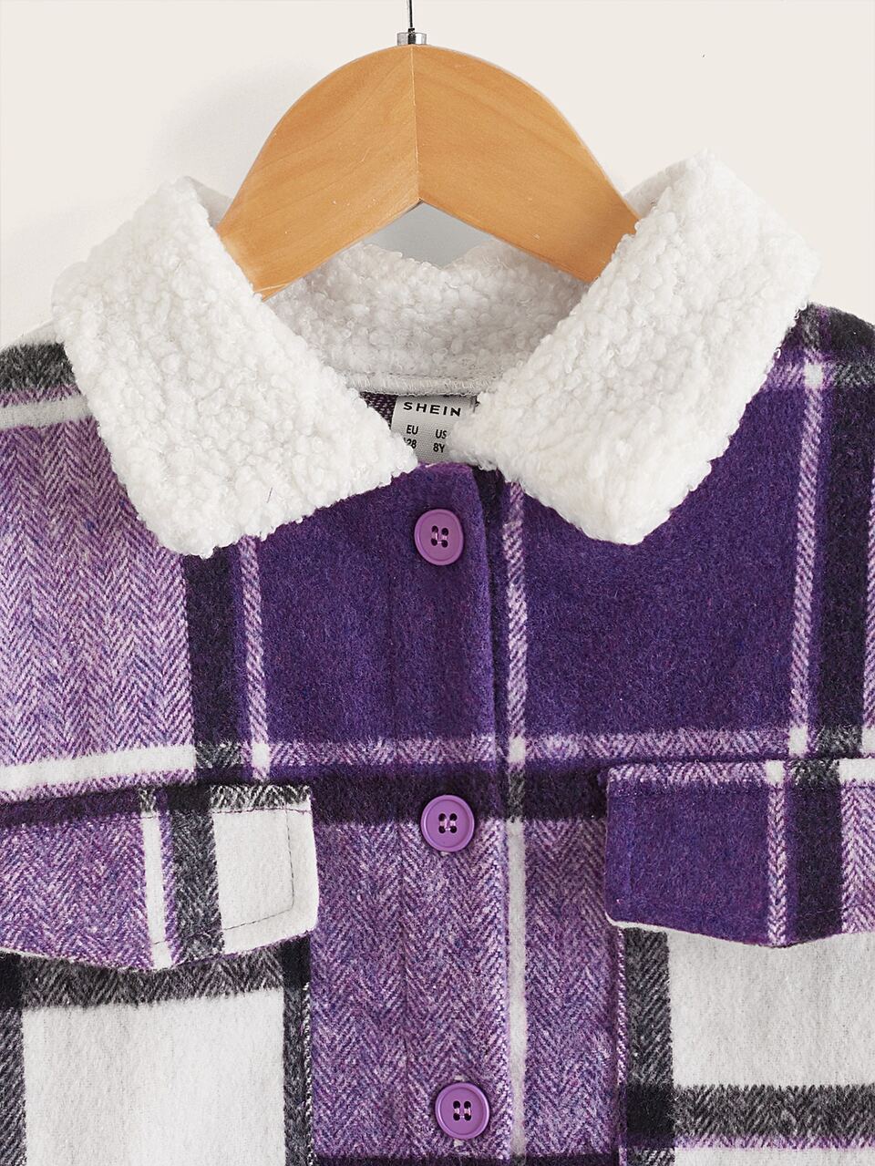 Girls Plaid Flap Pocket Borg Collar Overcoat