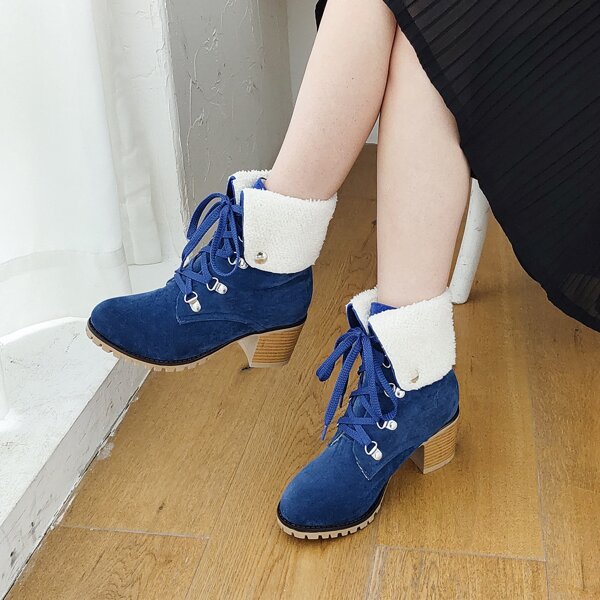 

Minimalist Lace-up Front Plush Inside Boots, Blue