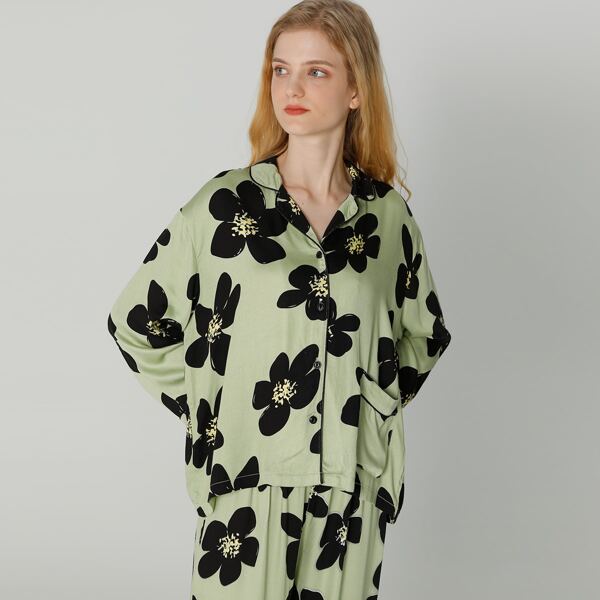

Floral Print Contrast Piping Drop Shoulder Blouse & Pants PJ Set, Multicolor