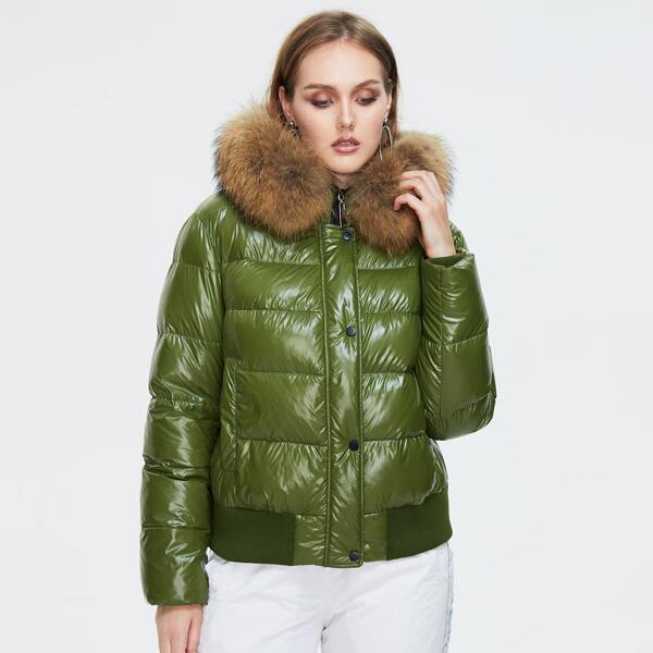 

Plus Zip Up Button Front Fuzzy Hooded Puffer Coat, Green