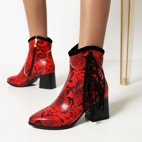 

Snakeskin Fringe Decor Chunky Boots, Red