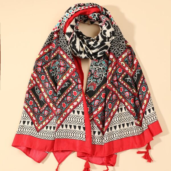 

Tassel Decor Geometric Pattern Scarf, Red