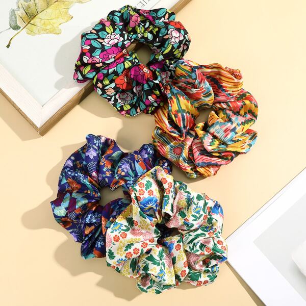 

4pcs Flower Print Scrunchie, Multicolor