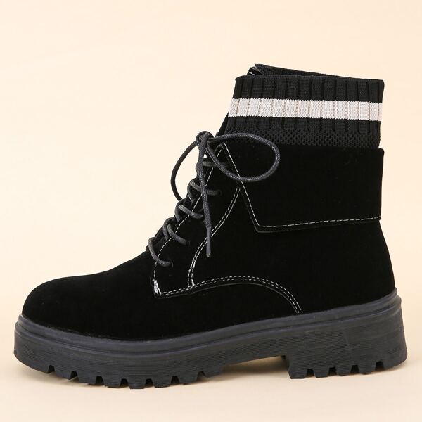 

Panel Design Lace-up Front Faux Suede Boots, Black