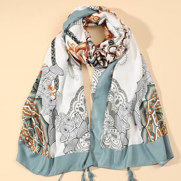 

Tassel Decor Flower Print Scarf, Multicolor