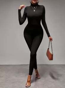 SHEIN SXY Solid Turtleneck Backless Jumpsuit - Black - View 1