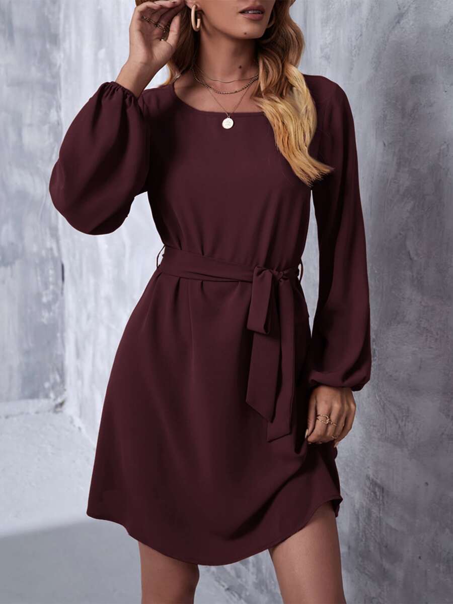 SHEIN Clasi Vestido con cinturón unicolor de manga farol - Granate - Ver 1
