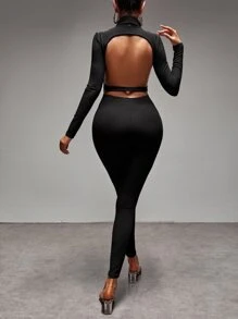 SHEIN SXY Solid Turtleneck Backless Jumpsuit - Black - View 2