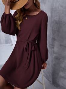 SHEIN Clasi Vestido con cinturón unicolor de manga farol - Granate - Ver 4