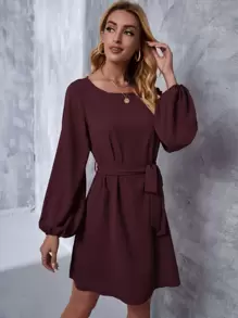 SHEIN Clasi Vestido con cinturón unicolor de manga farol - Granate - Ver 5