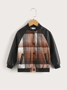 SHEIN Toddler Boys Plaid Raglan Sleeve Wool-Mix Bomber Jacket - Multicolor - View 1