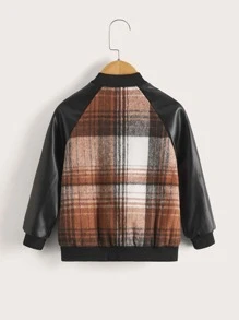 SHEIN Toddler Boys Plaid Raglan Sleeve Wool-Mix Bomber Jacket - Multicolor - View 2