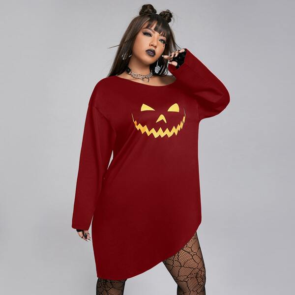 

Plus Halloween Pumpkin Print Drop Shoulder Asymmetrical Hem Pullover Dress, Burgundy