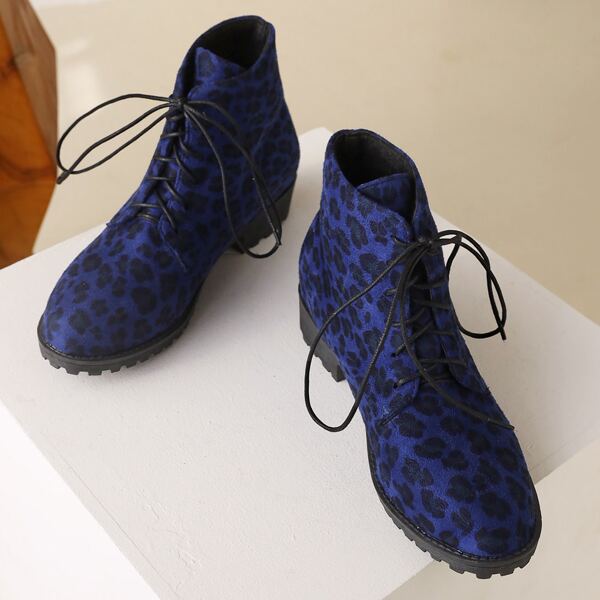 

Leopard Lace-up Front Chunky Heeled Boots, Multicolor