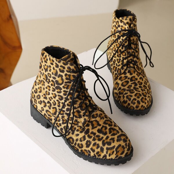 

Leopard Lace-up Front Chunky Heeled Boots, Multicolor