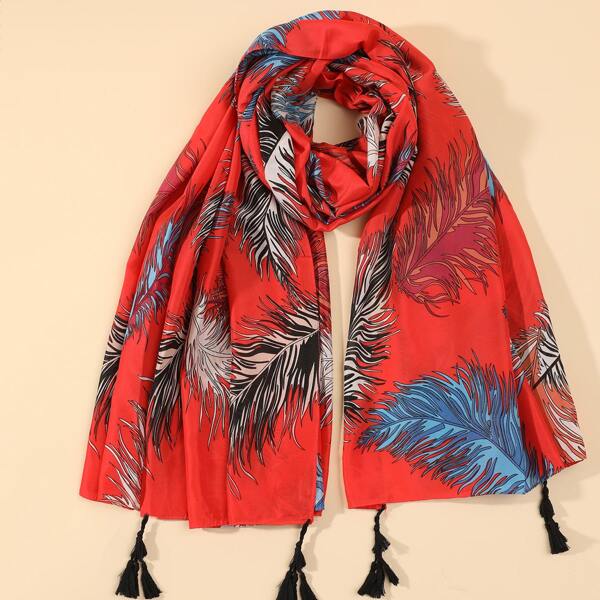 

Tassel Decor Feather Print Scarf, Red