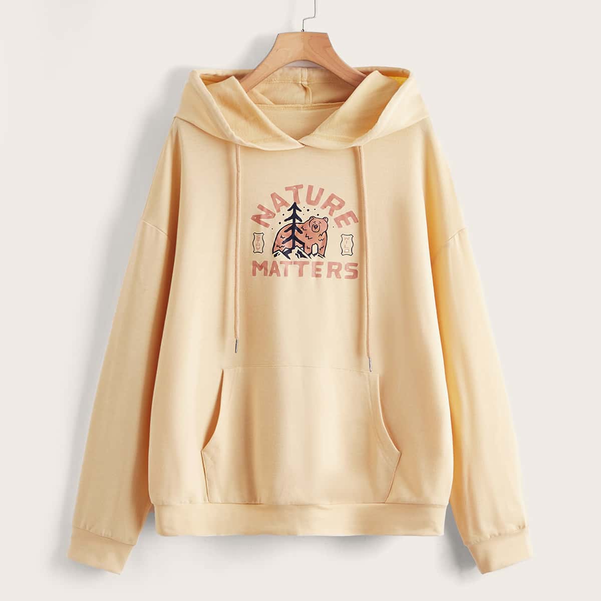 

Letter Cartoon Graphic Kangaroo Pocket Drawstring Hoodie, Khaki