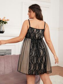 SHEIN Plus Dobby Mesh Panel Knot Front Lace Cami Night Dress - Black - View 2