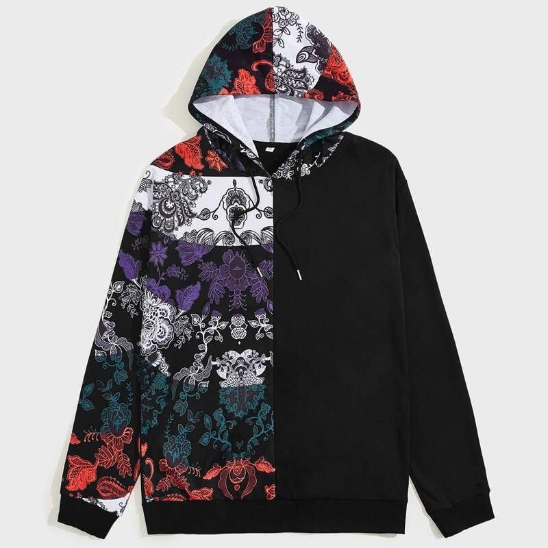 

Guys Floral Graphic Colorblock Drawstring Hoodie, Multicolor