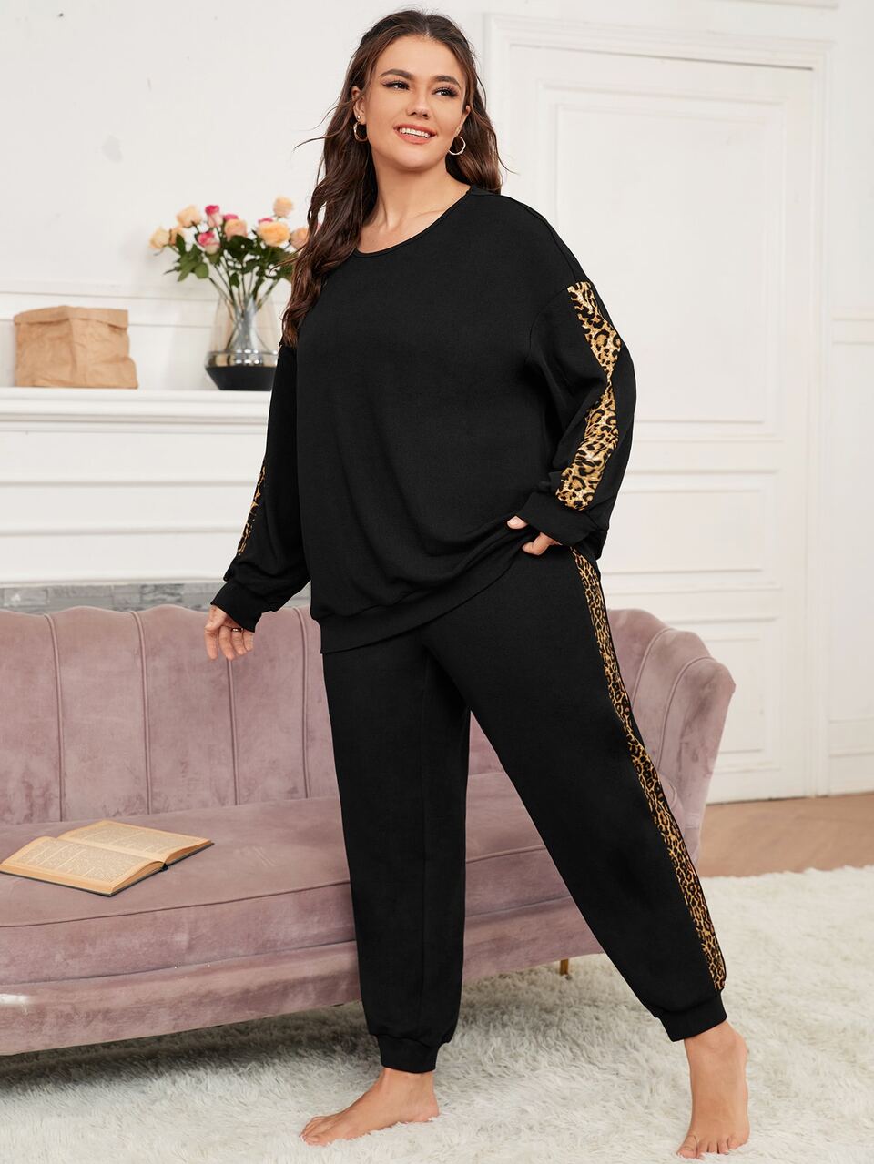 Plus Drop Shoulder Contrast Leopard Trim Top & Pants PJ Set