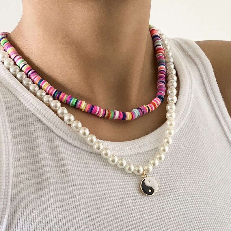 

2pcs Yin & Yang Decor Faux Pearl Beaded Necklace, Multicolor