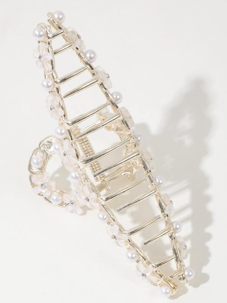 珍珠和花朵裝飾髮爪 - 白色 - 查看 2