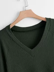 SHEIN LUNE Sudadera escote V de manga raglán waffle - Verde Oscuro - Ver 4