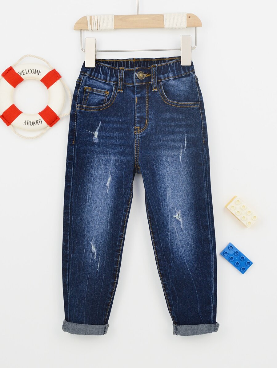 Niñitos Jeans rotos con lavado - Azul lavado oscuro - Ver 1