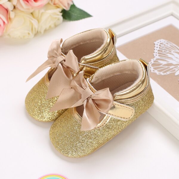 

Baby Glitter Bow Decor Mary Jane Flats, Gold