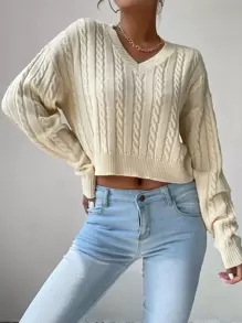 SHEIN Essnce V-neck Cable Knit Jumper - Beige - View 1