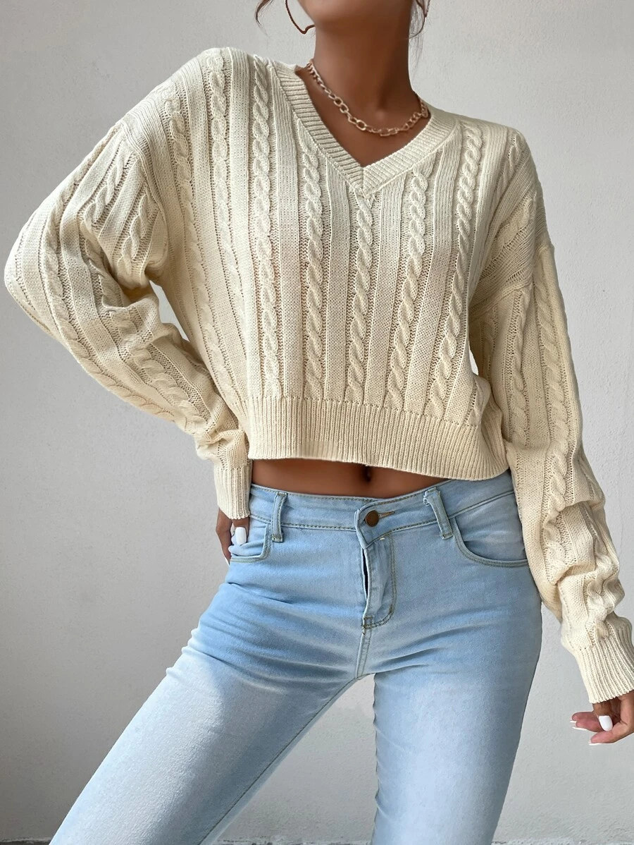 SHEIN Essnce V-neck Cable Knit Jumper - Beige - View 1