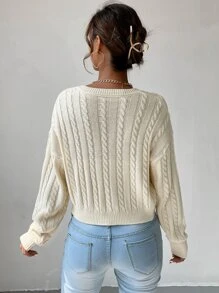 SHEIN Essnce V-neck Cable Knit Jumper - Beige - View 2