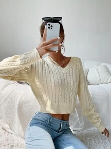 SHEIN Essnce V-neck Cable Knit Jumper - Beige - View 3