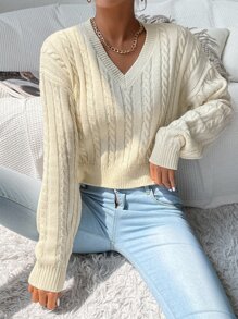 SHEIN Essnce V-neck Cable Knit Jumper - Beige - View 4