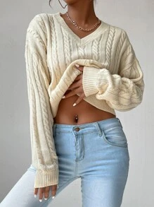 SHEIN Essnce V-neck Cable Knit Jumper - Beige - View 5