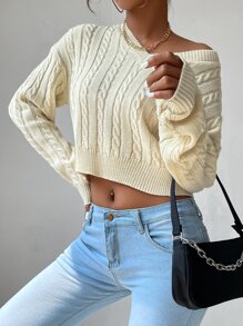 SHEIN Essnce V-neck Cable Knit Jumper - Beige - View 6